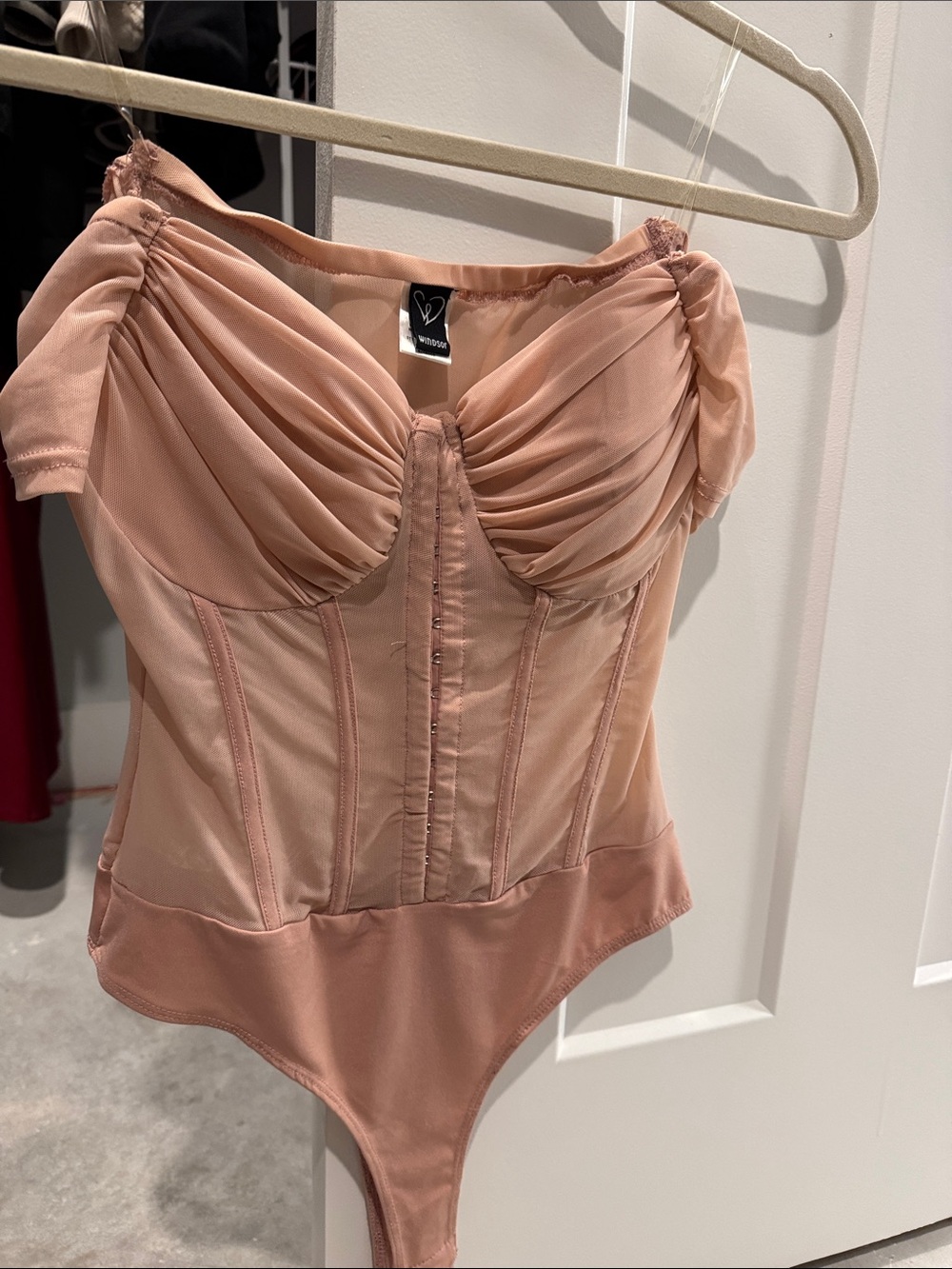 Windsor Peach Off-Shoulder Ruched Corset Bodysuit